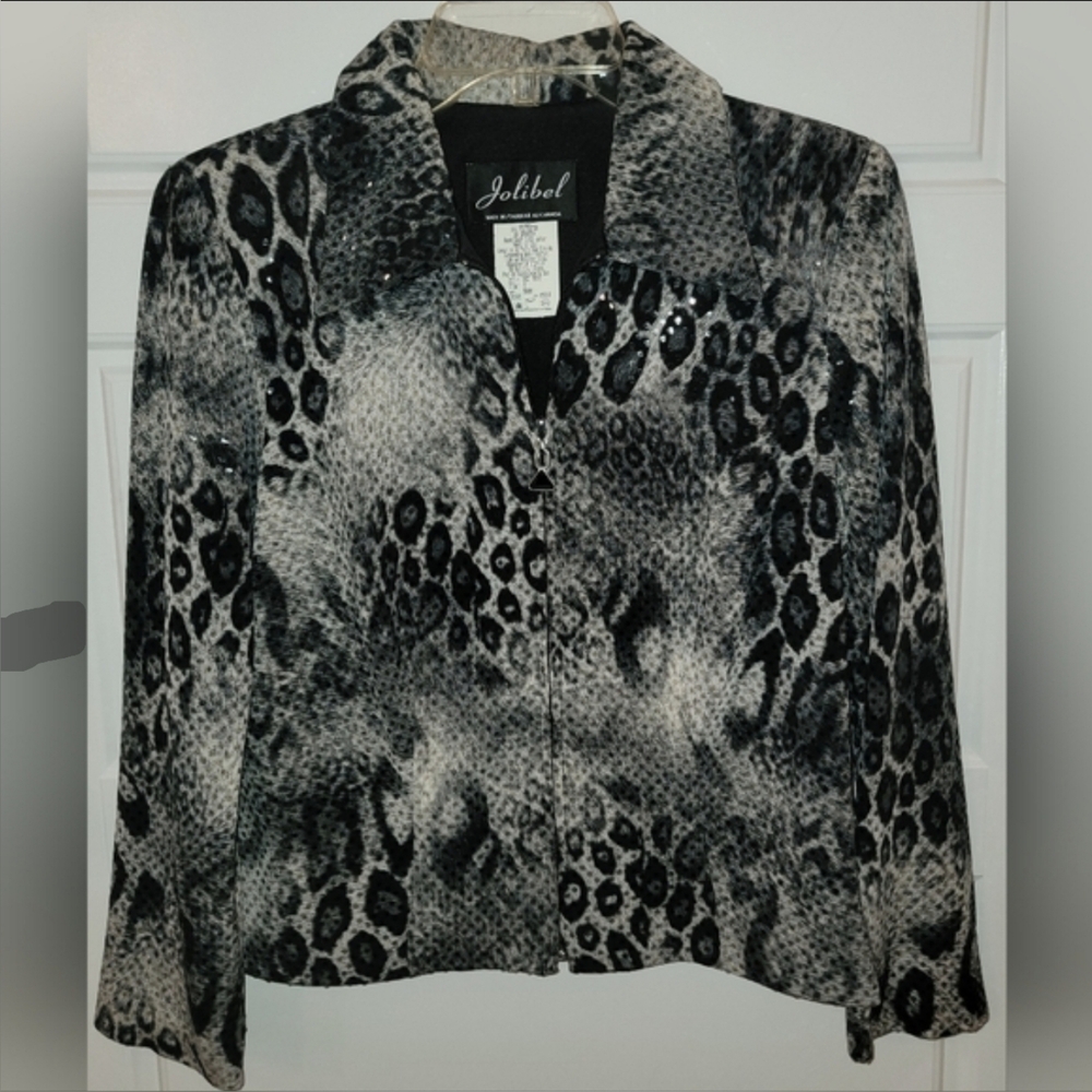 Like New Jolibel Black Gray Animal Print Zip Jacket Sequin Size 6 - Picture 9 of 12